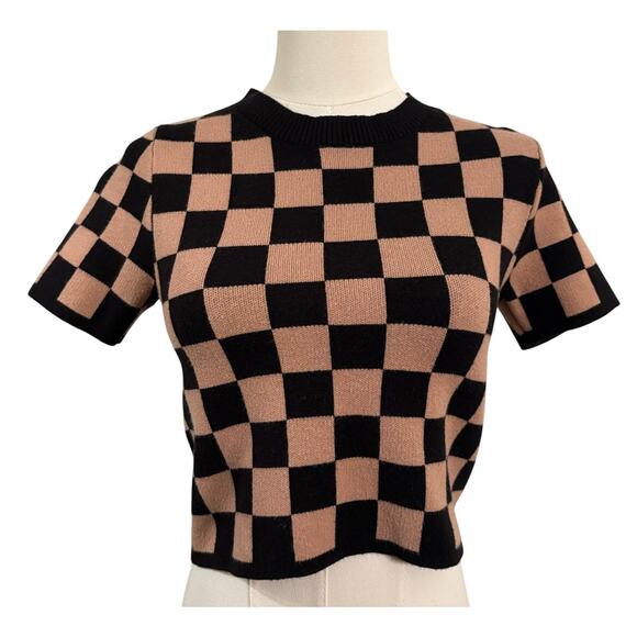 DEBUT Cropped Sweater Black Brown Checked Retro Y2K Streetwear | MEDIUM - Picture 1 of 6